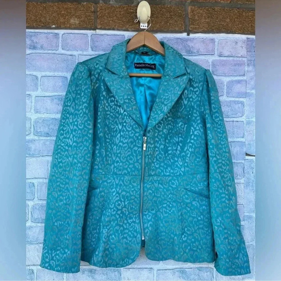 Pamela McCoy Turquoise Cheetah Leopard Print 100% Leather Full Zip Jacket medium - Picture 1 of 12